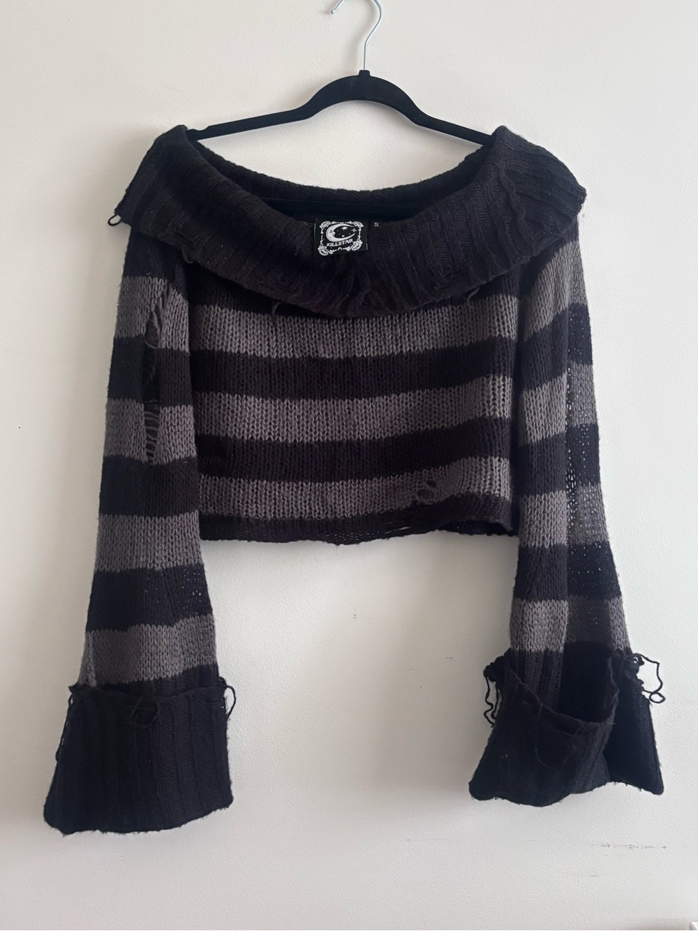 KILLSTAR Ghost Lemonade Distressed Off Shoulder Bell Sleeve Knit